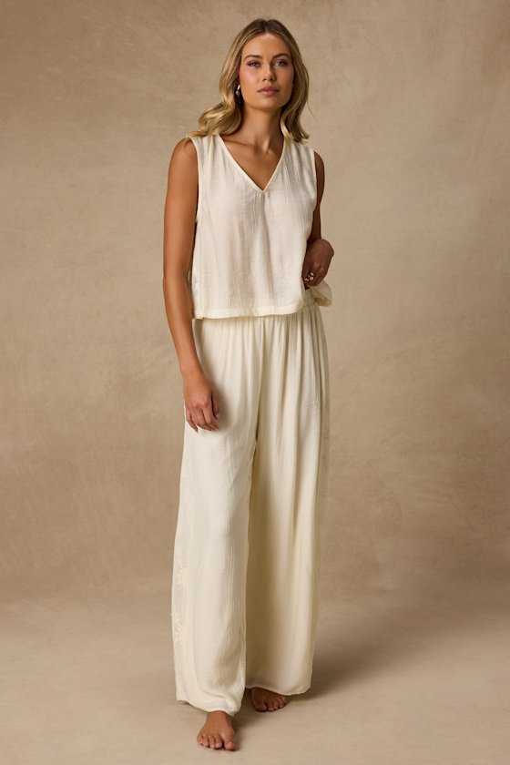 June Cream Crochet Lace Wide-Leg Pants 1