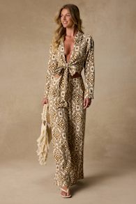 Cove Ivory and Tan Boho Print Tie-Front Top 1
