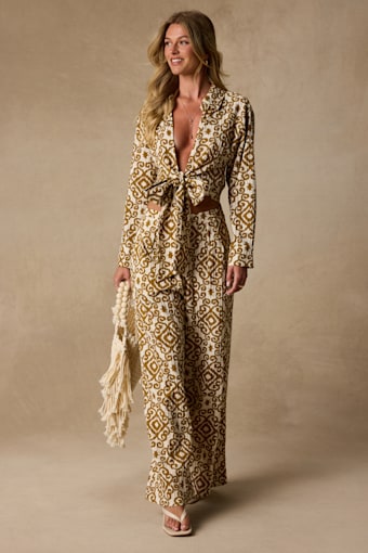 Cove Ivory and Tan Boho Print Tie-Front Top 1
