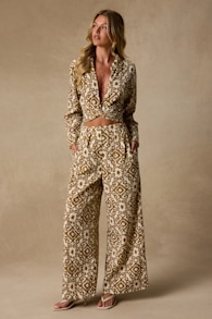Cove Ivory and Tan Boho Print Wide-Leg Trousers 1