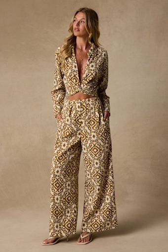 Cove Ivory and Tan Boho Print Wide-Leg Trousers 1