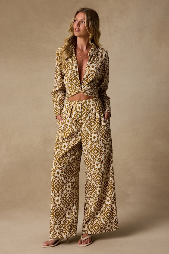 Cove Ivory and Tan Boho Print Wide-Leg Trousers 1
