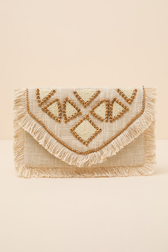 Haisley Cream Woven Beaded Clutch 2
