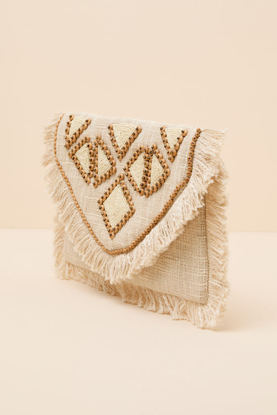 Haisley Cream Woven Beaded Clutch - thumbnail 4