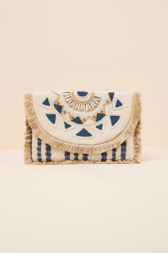 Taiya Beige Boho Beaded Fringe Clutch 2