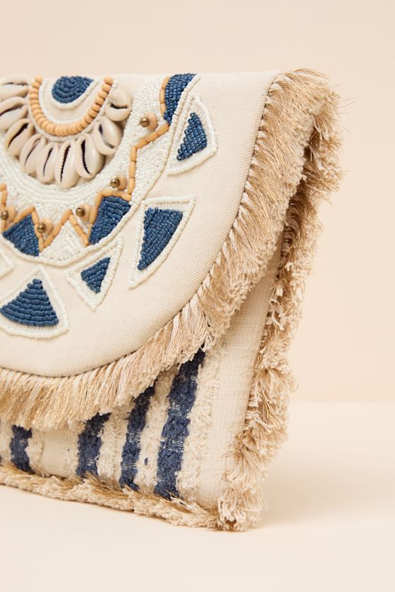 Taiya Beige Boho Beaded Fringe Clutch - thumbnail 4