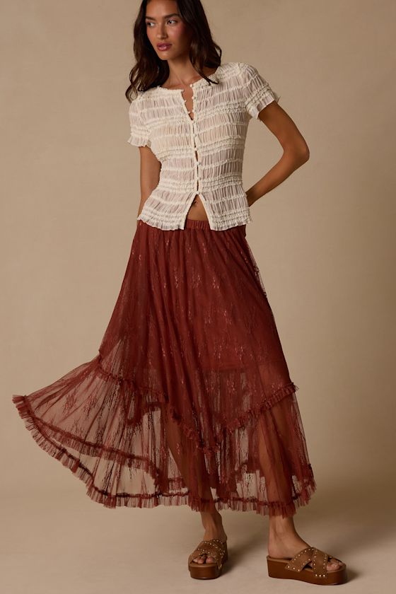 Briony Brown Lace Ruffled Midi Skirt - thumbnail 4
