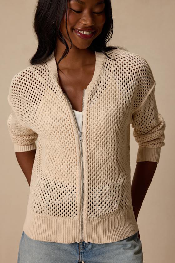 Bea Cream Pierced Knit Zip-Up Sweater - thumbnail 4