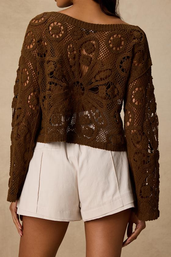 Martinez Brown Sheer Crochet Pullover Sweater - thumbnail 3