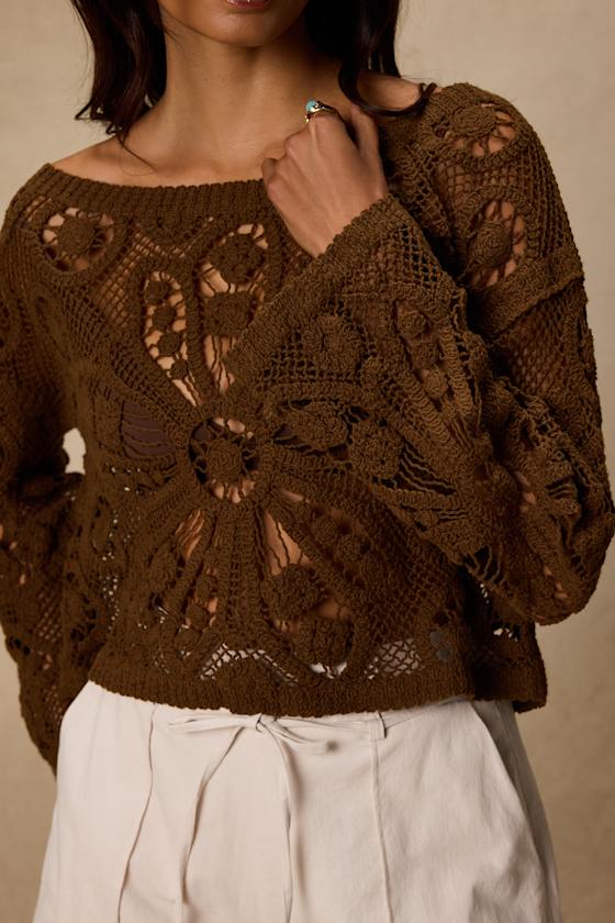Martinez Brown Sheer Crochet Pullover Sweater - thumbnail 4