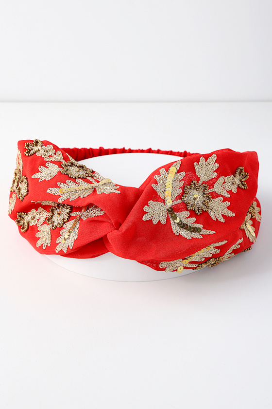 Cute Red Headband Embroidered Headband Knotted Headband Lulus
