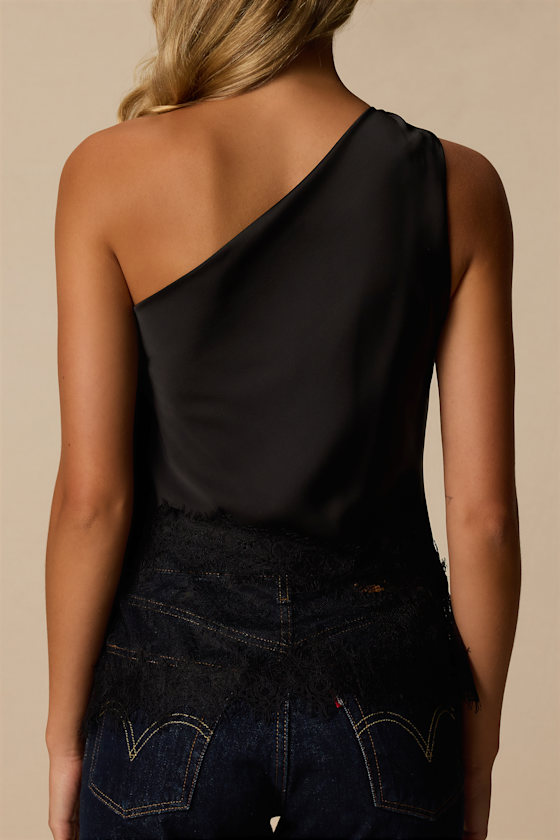 Aris Black Satin Lace One-Shoulder Top 2