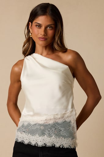 Aris Ivory Satin Lace One-Shoulder Top 1
