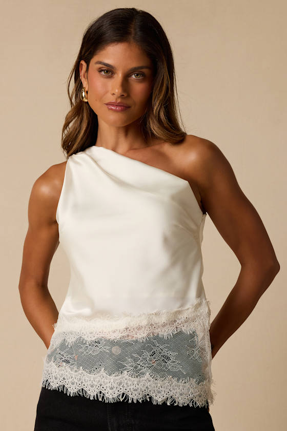 Aris Ivory Satin Lace One-Shoulder Top 1