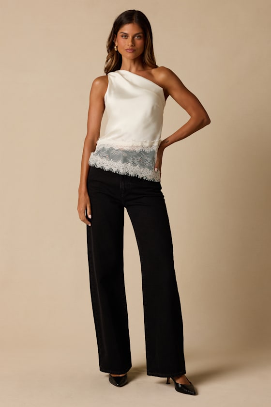 Aris Ivory Satin Lace One-Shoulder Top - thumbnail 3