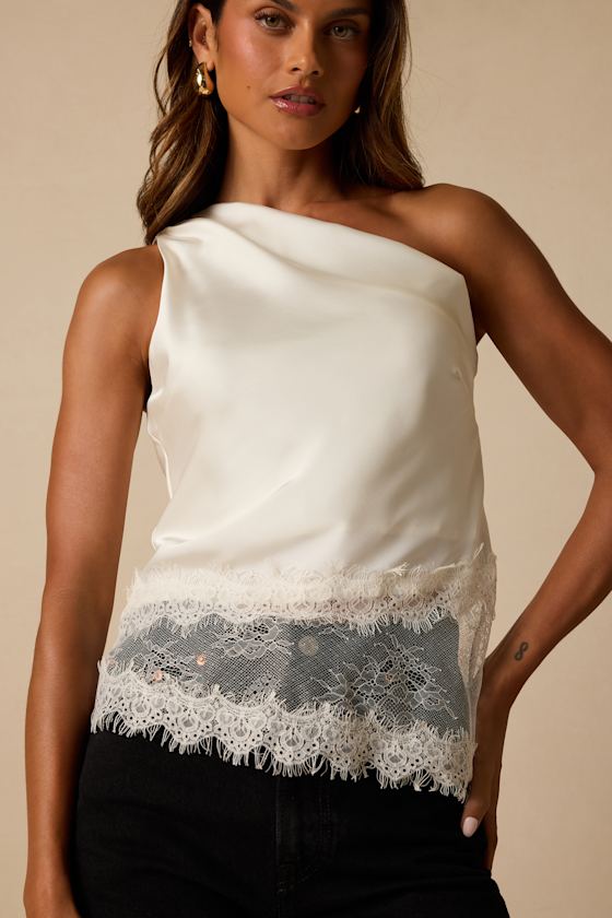Aris Ivory Satin Lace One-Shoulder Top - thumbnail 5