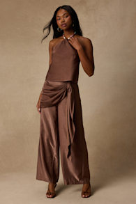 Clarice Brown Metallic Sash Wide-Leg Pants 1