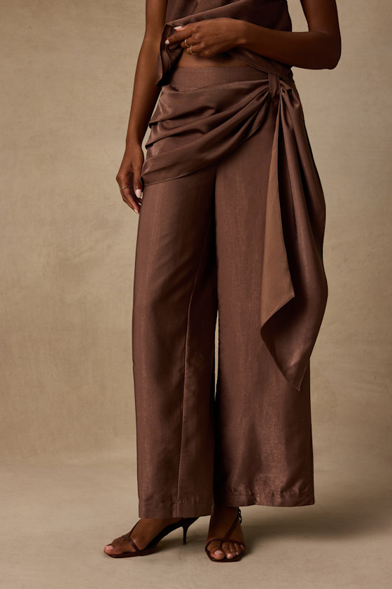 Clarice Brown Metallic Sash Wide-Leg Pants 2