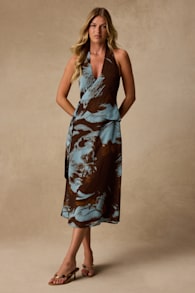 Liyana Brown and Blue Abstract Print Halter Midi Dress 1