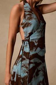 Liyana Brown and Blue Abstract Print Halter Midi Dress 2