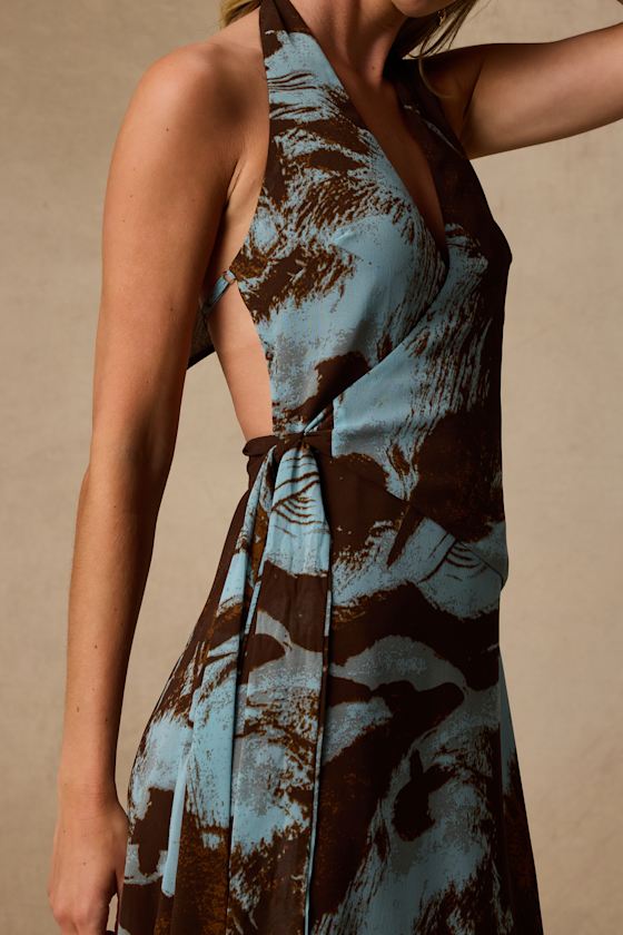 Liyana Brown and Blue Abstract Print Halter Midi Dress 2