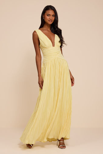 Evaluna Light Yellow Plisse Maxi Dress 1