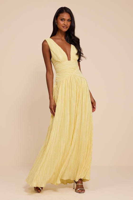 Evaluna Light Yellow Plisse Maxi Dress 1