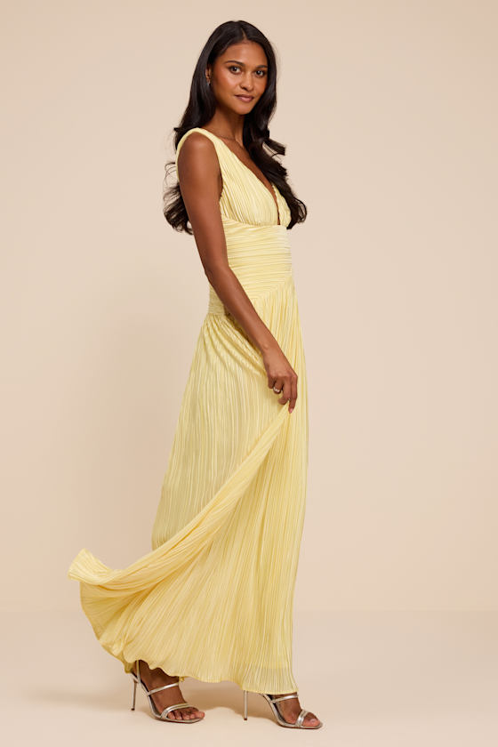 Evaluna Light Yellow Plisse Maxi Dress - thumbnail 4