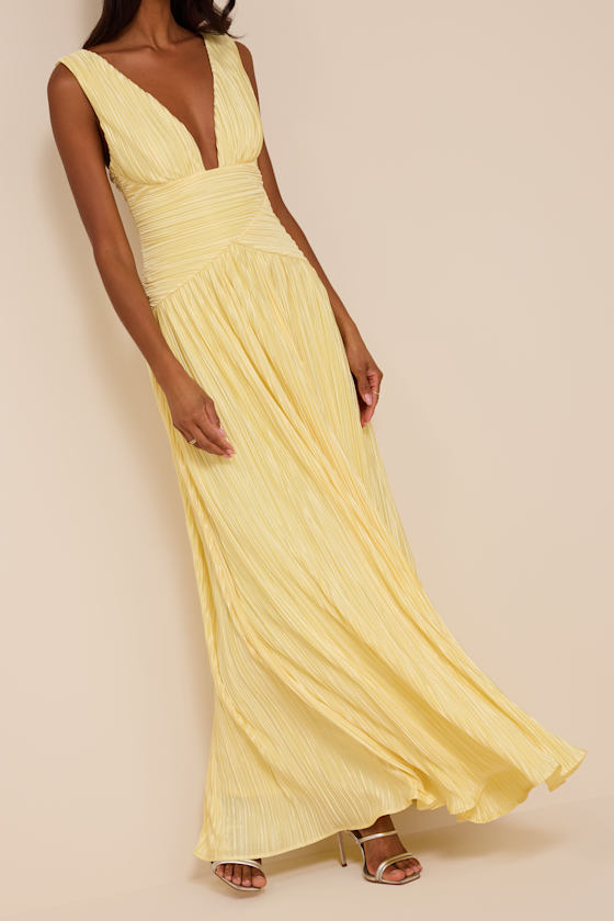 Evaluna Light Yellow Plisse Maxi Dress - thumbnail 5