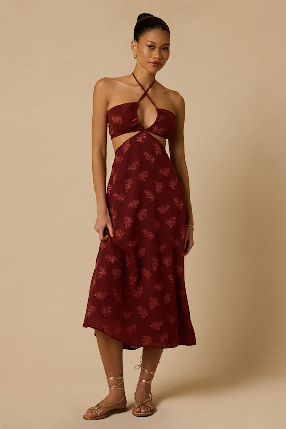 Lulus Ilia Rust Embroidered Halter Midi Dress