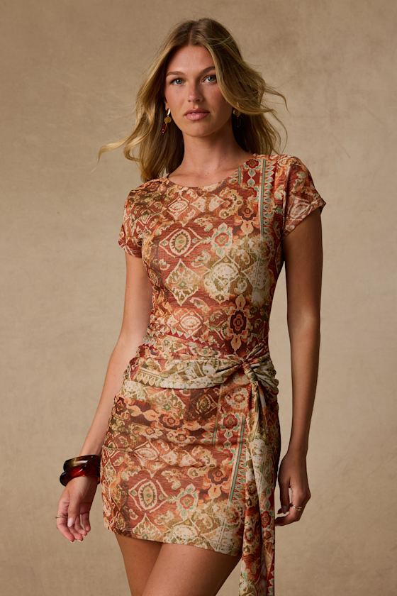 Image of Kamora Rust Multi Boho Print Mesh Sash Mini Dress