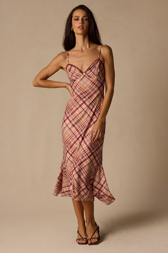 Rae Mauve Multi Plaid Mesh Slip Midi Dress 1