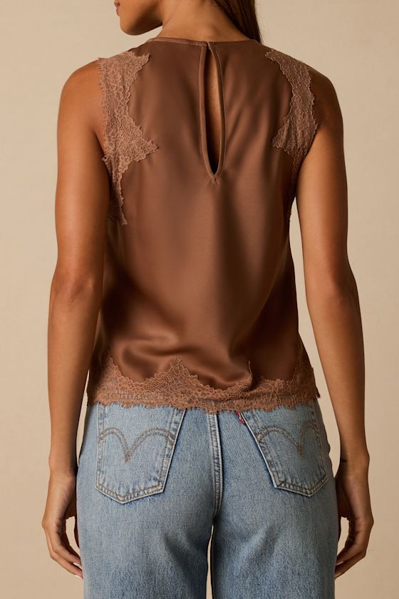 Jaynae Brown Lace Trim Satin Tank Top - thumbnail 3