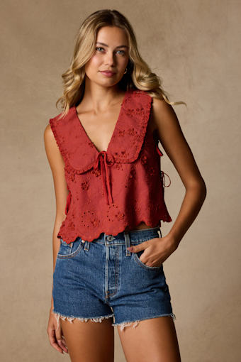 Shani Rust Red Embroidered Collared Tank Top 1