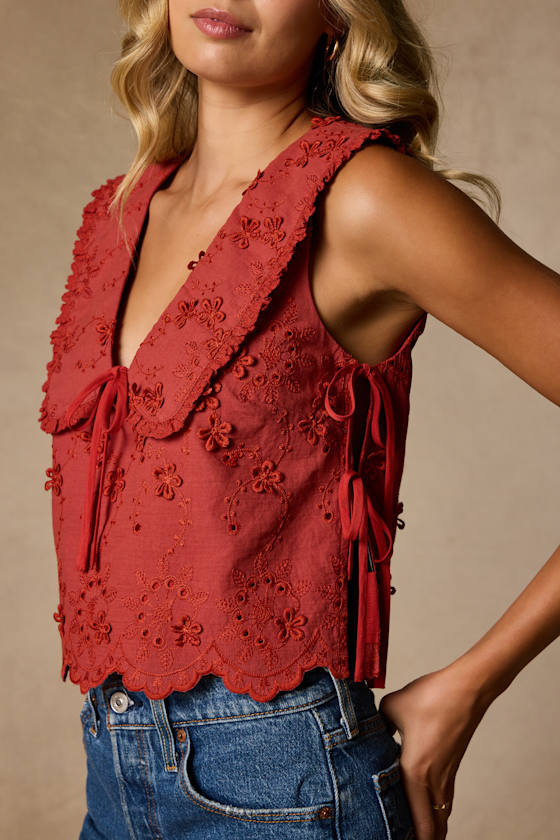 Shani Rust Red Embroidered Collared Tank Top 2