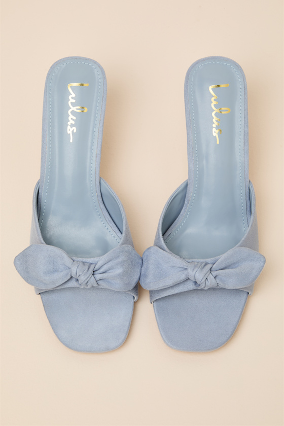 Lancee Powder Blue Suede Bow High Heel Slide Sandals - thumbnail 4