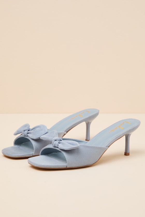 Lancee Powder Blue Suede Bow High Heel Slide Sandals - thumbnail 5