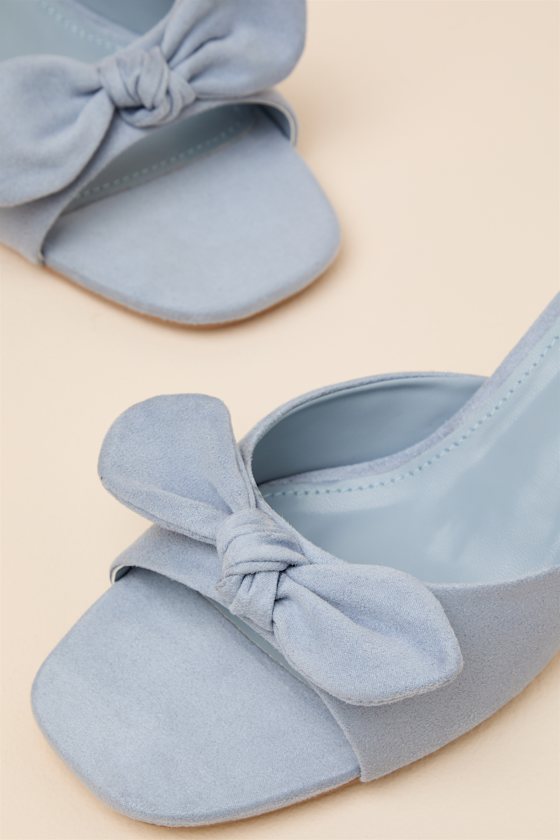 Lancee Powder Blue Suede Bow High Heel Slide Sandals - thumbnail 6