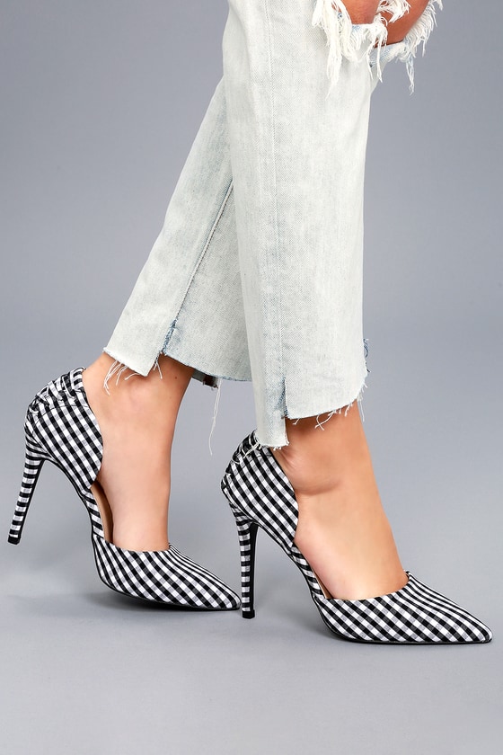 black and white gingham heels