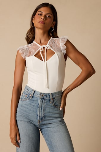 Coveted Crush Ivory Lace Tie-Neck Bodysuit 1