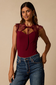 Coveted Crush Burgundy Lace Tie-Neck Bodysuit 1