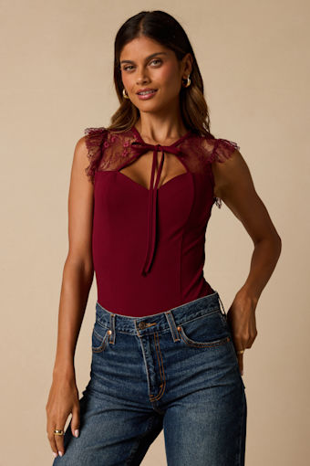 Coveted Crush Burgundy Lace Tie-Neck Bodysuit 1