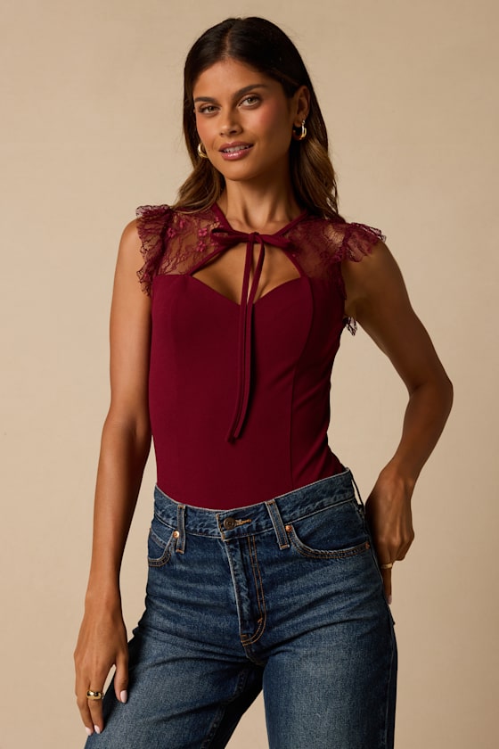 Coveted Crush Burgundy Lace Tie-Neck Bodysuit 1