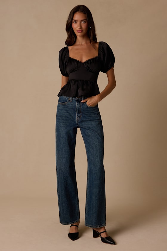 Romi Black Satin Puff Sleeve Peplum Top - thumbnail 3