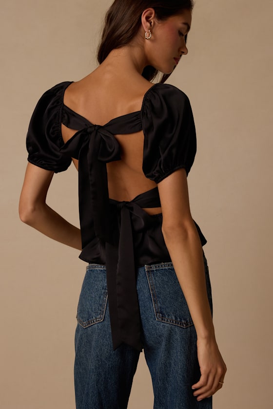 Romi Black Satin Puff Sleeve Peplum Top - thumbnail 5