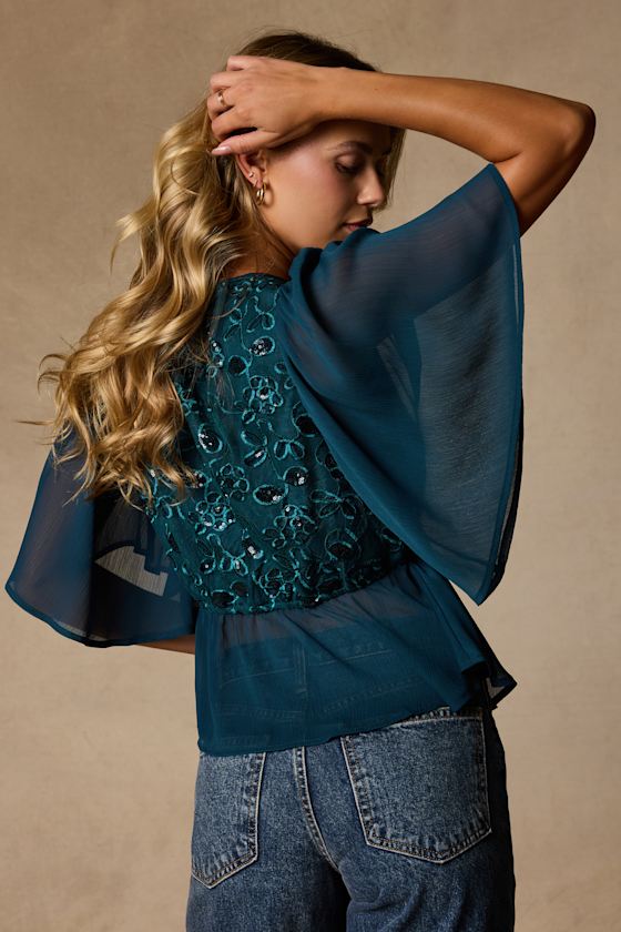 Dakotah Teal Blue Embroidered Sequin Top 2