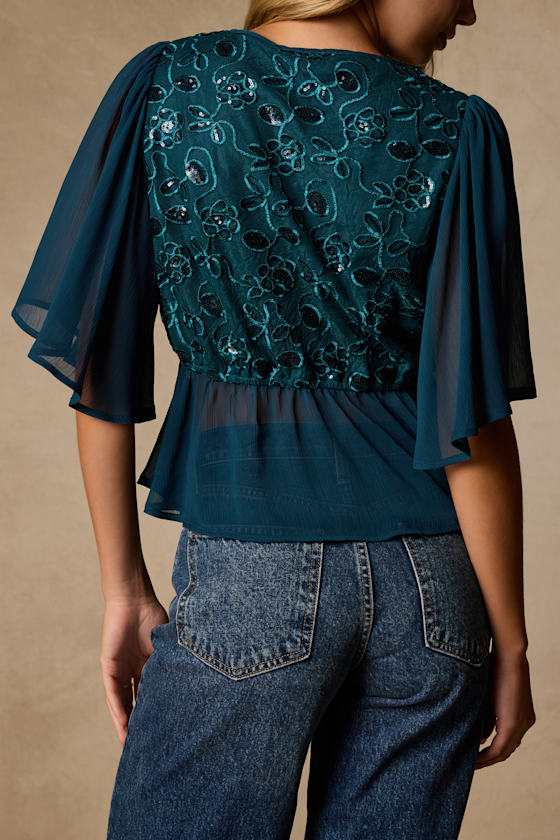 Dakotah Teal Blue Embroidered Sequin Top - thumbnail 5