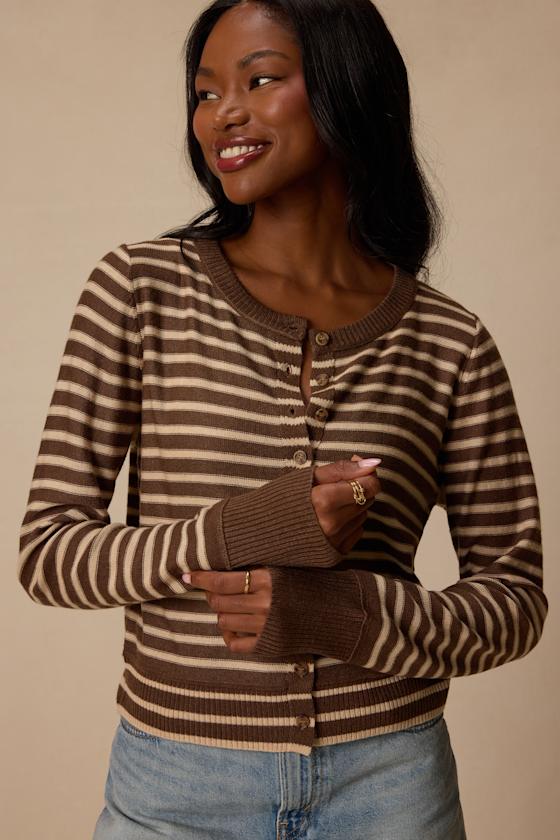 Becky Brown and Beige Striped Button-Up Cardigan - thumbnail 4