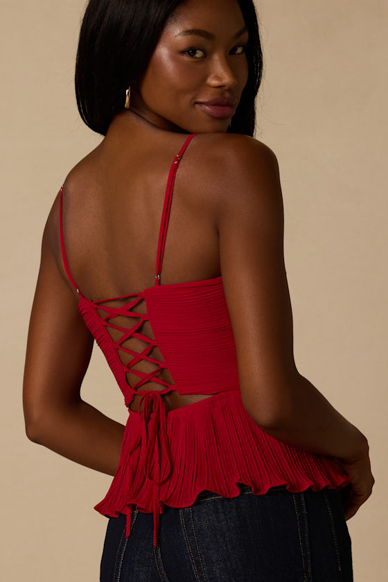 Toluca Dark Red Pleated Lace-Up Cami Top - thumbnail 3