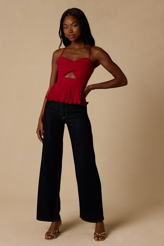 Toluca Dark Red Pleated Lace-Up Cami Top - thumbnail 4